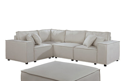 The Melrose Modular Sectional Sofa With Ottoman features a modern, light beige L-shaped design with five seats, matching cushions, and a large square ottoman in the foreground.