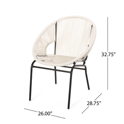 The Nusa - Modern Chair Outdoor Seating features a round design with a woven white seat and backrest, black metal legs, and measures 32.75" H x 26.00" W x 28.75" D.