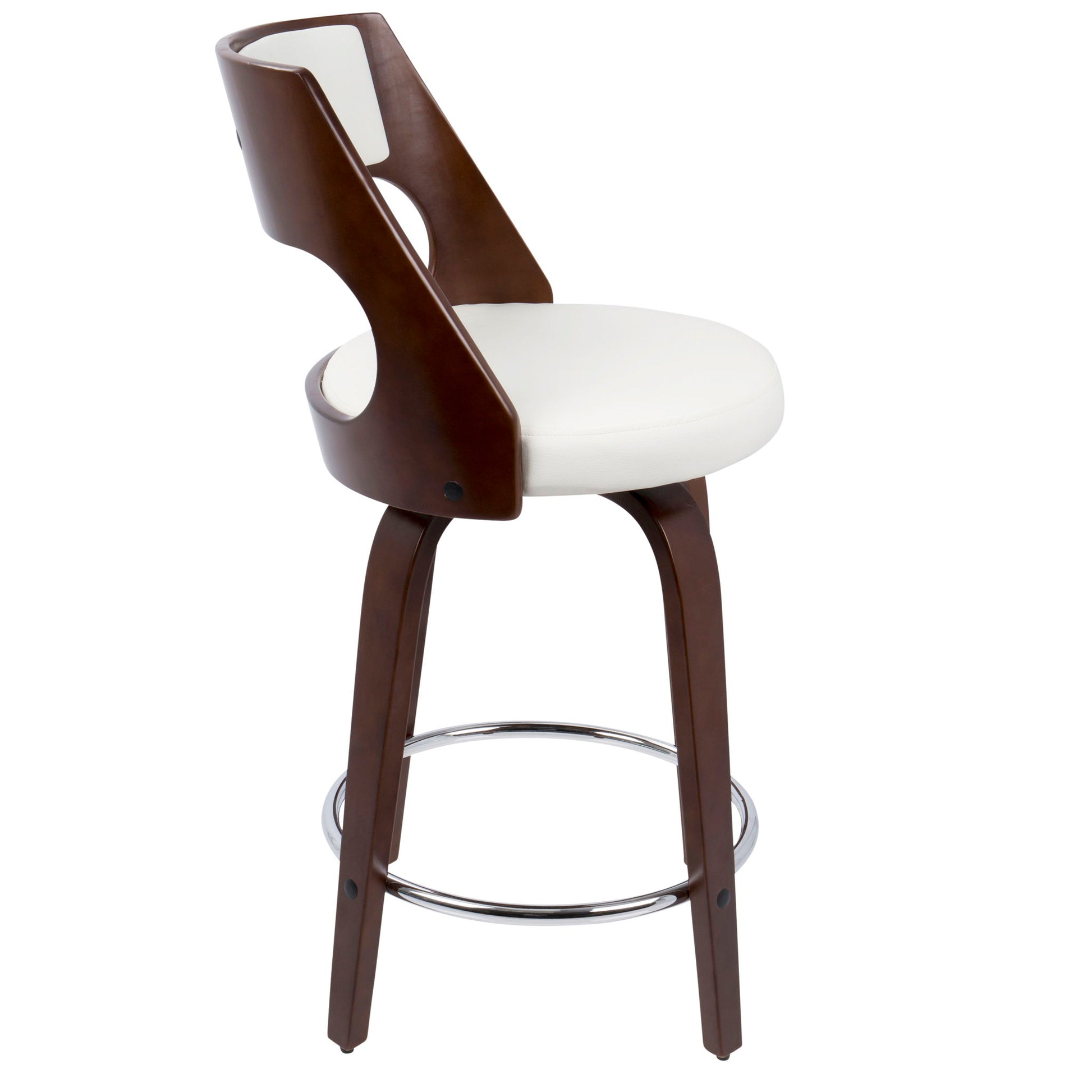 The Cecina Mid-Century Modern Fixed Height Counter Stool features a dark brown wooden frame, open-back design, white cushioned seat, chrome round footrest, and swivel function. Sold as a set of 2.