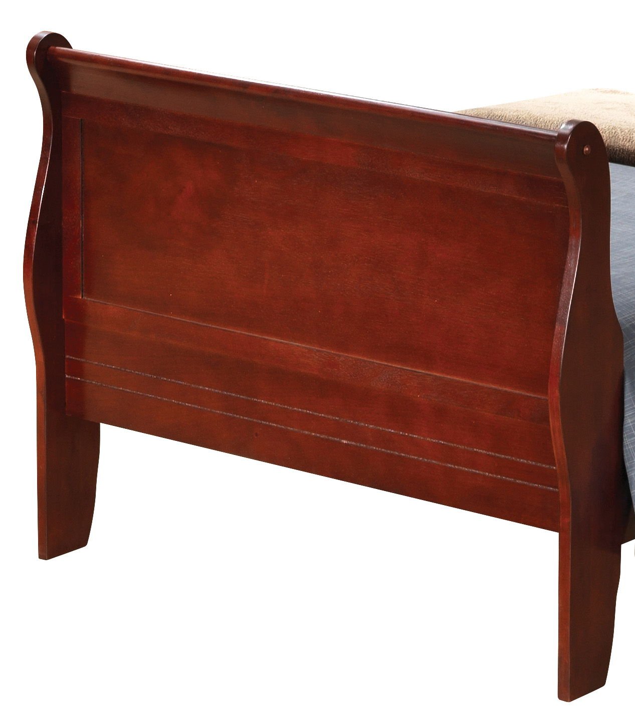 A Panel Sleigh Bed footboard in a dark brown finish features curved side panels and a rectangular center, with bedding partially visible at the top right.
