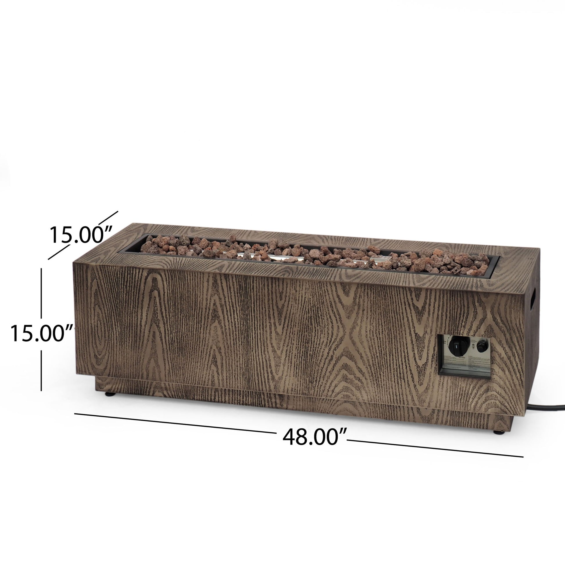 The Wellington Square Iron Fire Pit features a wood pattern design, measures 48" long by 15" high, delivers 50,000 BTU output, and includes lava rocks on top plus a convenient control panel on the side.