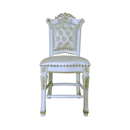 The Vendome - Antique Counter Height Chair (Set of 2) in white features decorative carvings, a tufted backrest, and gold accents on legs and edges, displayed against a plain white background.