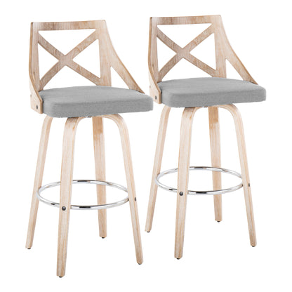 A pair of Charlotte Farmhouse Fixed Height Bar Stools, featuring swivel seats, light wood finish, X-shaped backs, grey cushions, curved legs, and round chrome footrests, are shown side by side against a white background.