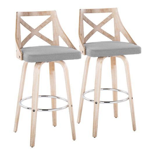 A pair of Charlotte Farmhouse Fixed Height Bar Stools, featuring swivel seats, light wood finish, X-shaped backs, grey cushions, curved legs, and round chrome footrests, are shown side by side against a white background.