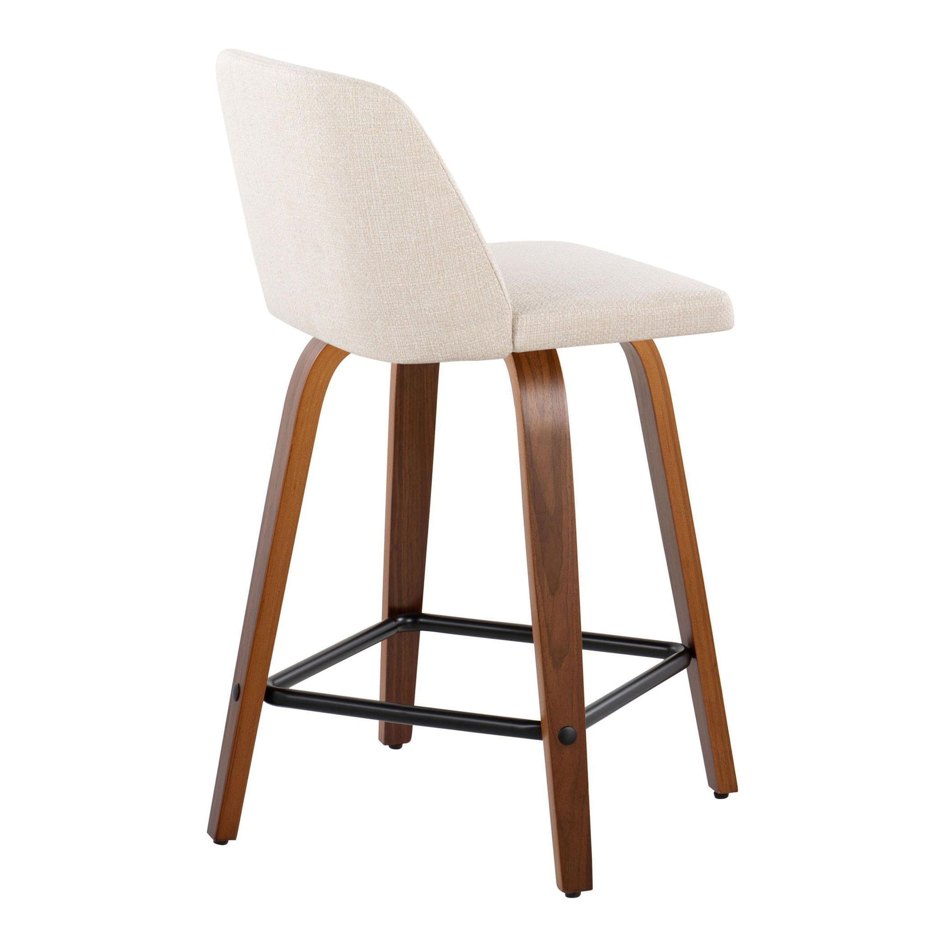 The Toriano Mid Century Modern Fixed Height Counter Stool features a beige upholstered seat and backrest, four curved walnut-finished wooden legs, a black metal square footrest, and swivel functionality. Set of 2.