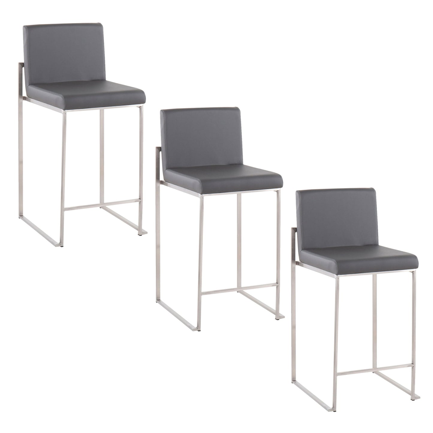 Three Fuji Contemporary High Back Counter Stools with gray cushioned seats and backs, sleek metal frames, and rectangular legs are arranged side by side against a white background.