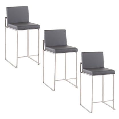 Three Fuji Contemporary High Back Counter Stools with gray cushioned seats and backs, sleek metal frames, and rectangular legs are arranged side by side against a white background.