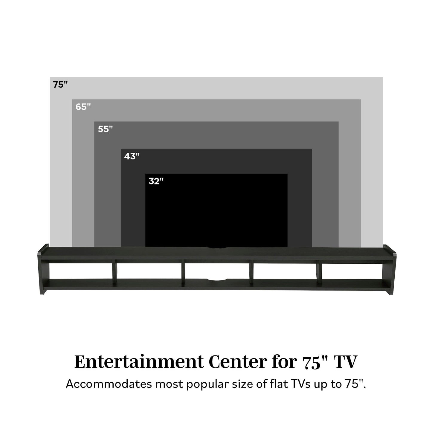 The Modern Wall-Mounted Floating TV Stand fits flat TVs sized 32", 43", 55", 65", and up to 75". Labeled screens display compatibility, with text reading: “Entertainment Center for 75'' TV.”.