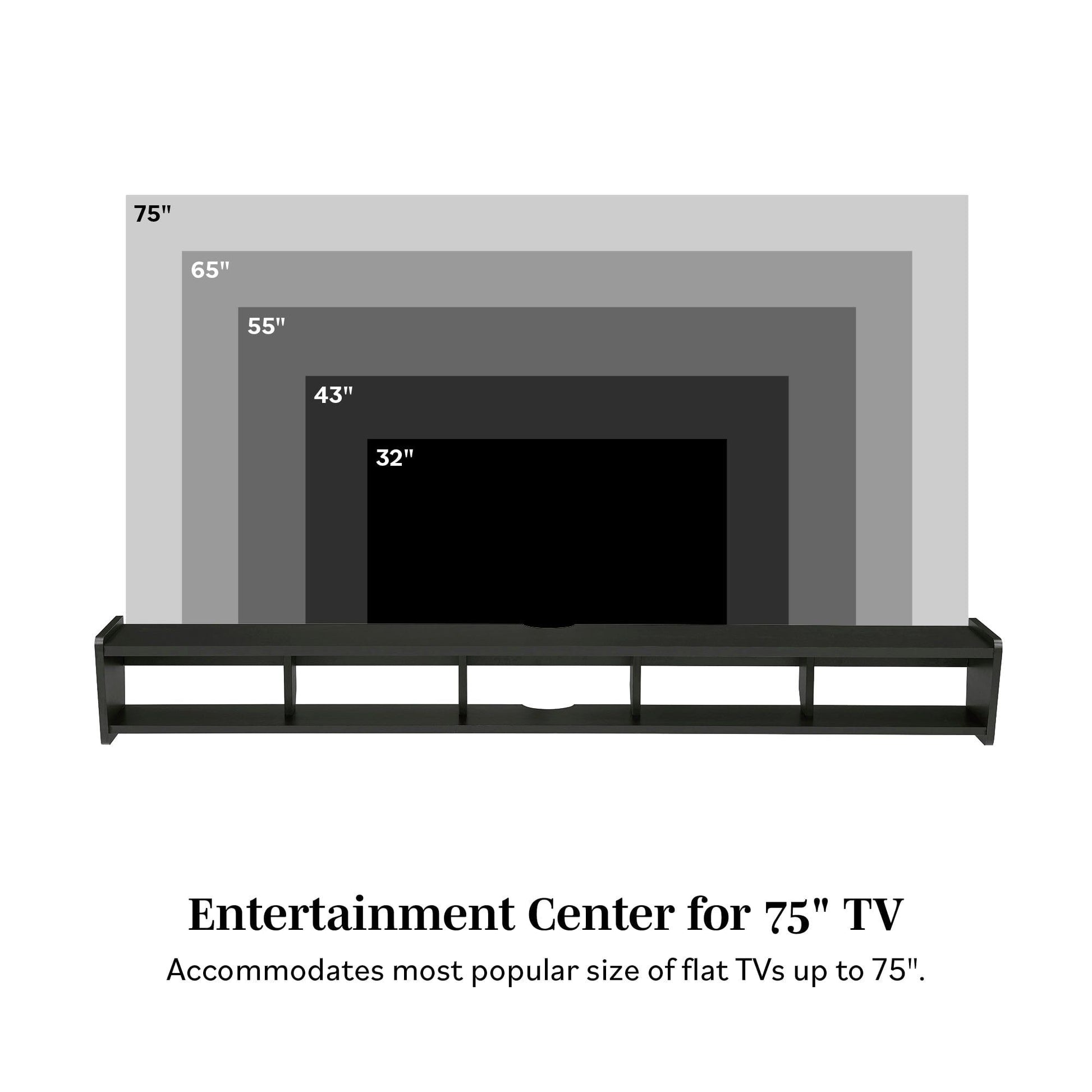 The Modern Wall-Mounted Floating TV Stand fits flat TVs sized 32", 43", 55", 65", and up to 75". Labeled screens display compatibility, with text reading: “Entertainment Center for 75'' TV.”.