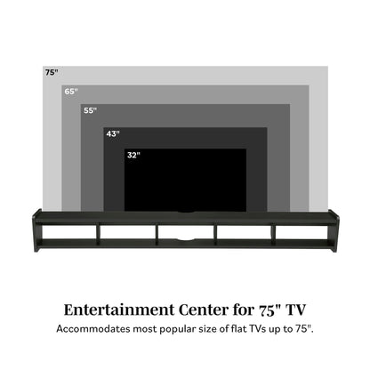 The Modern Wall-Mounted Floating TV Stand fits flat TVs sized 32", 43", 55", 65", and up to 75". Labeled screens display compatibility, with text reading: “Entertainment Center for 75'' TV.”.