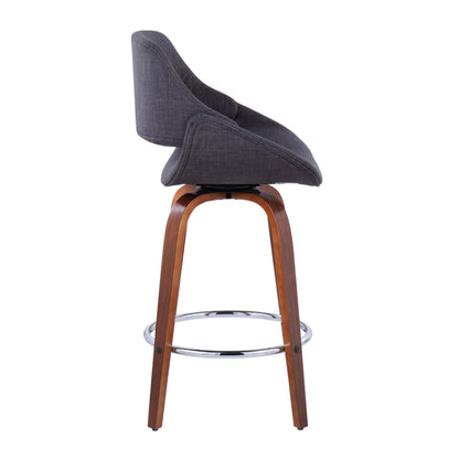 Side view of Fabrico - Mid Century Modern Fixed Height Counter Stool (Set of 2) with dark gray upholstered seat, wooden legs, and round chrome footrest.