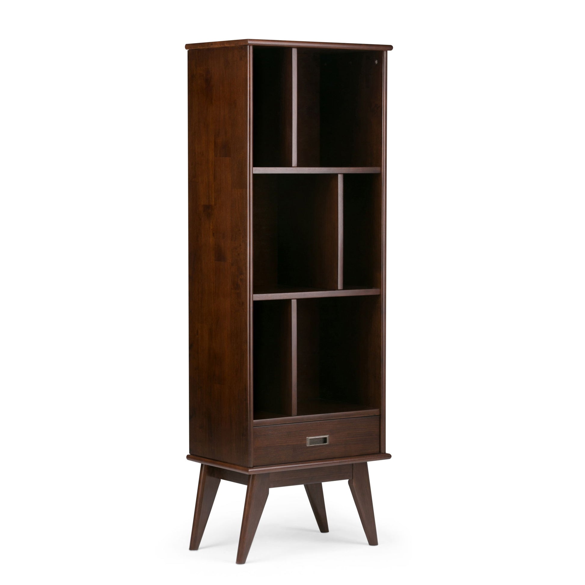 The Draper - Mid Century Wide Bookcase and Storage Unit features a dark brown wooden finish, four open shelves, a bottom drawer, and stands on angled legs for a classic mid-century modern look.