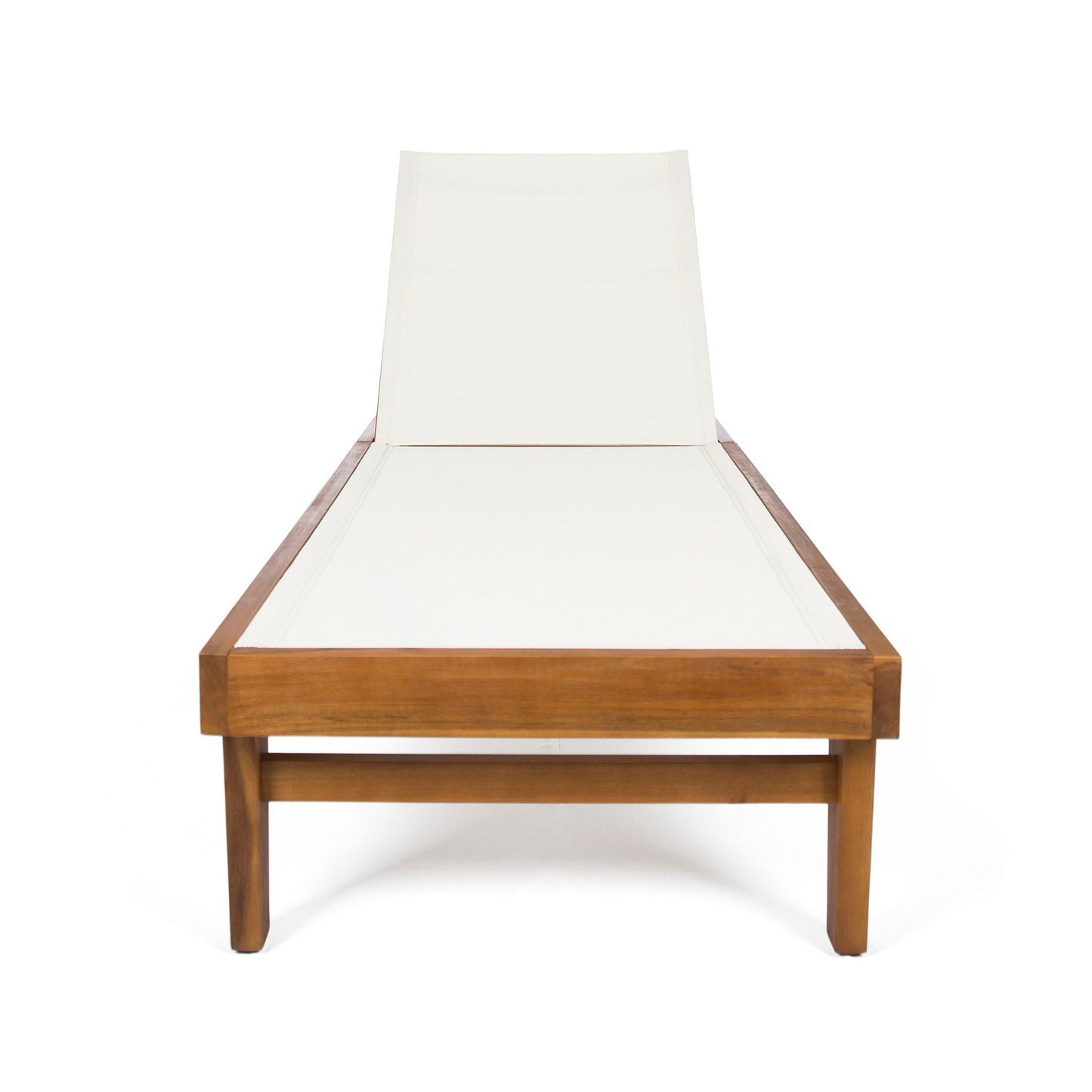 A front view of the Outdoor Chaise Lounge With Acacia Wood Frame in white and teak, featuring a modern wooden frame and white mesh seating against a plain white background.