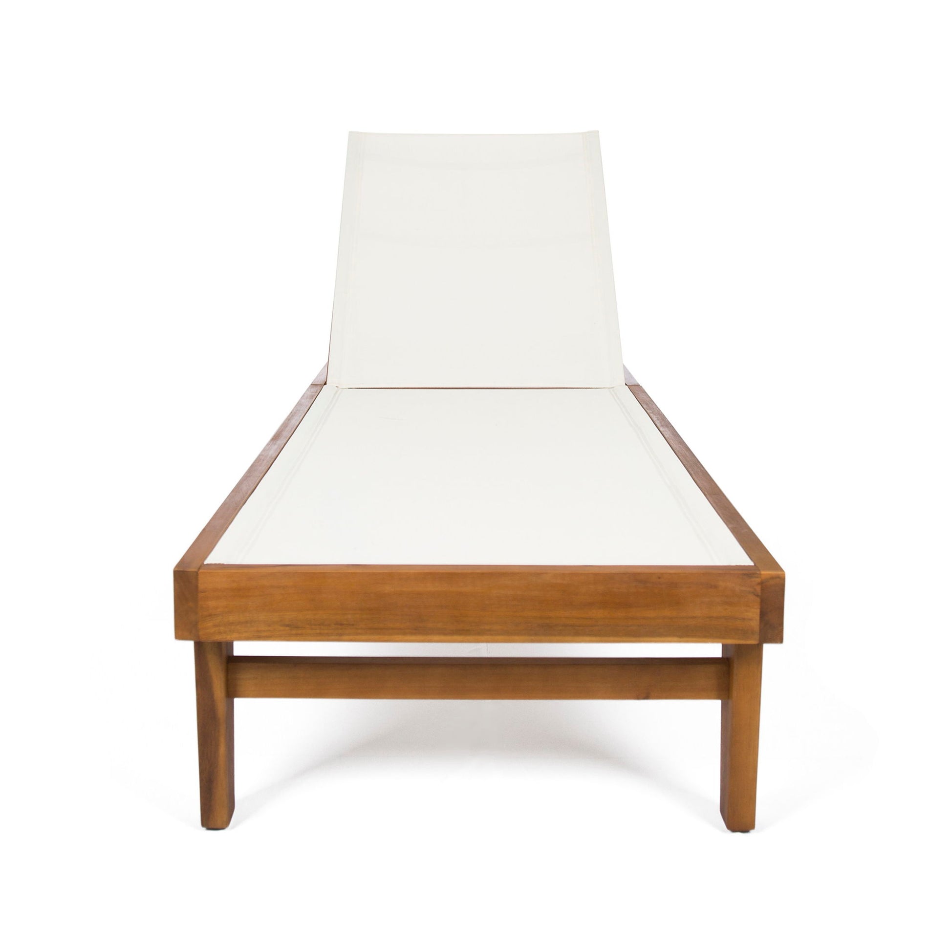A front view of the Outdoor Chaise Lounge With Acacia Wood Frame in white and teak, featuring a modern wooden frame and white mesh seating against a plain white background.