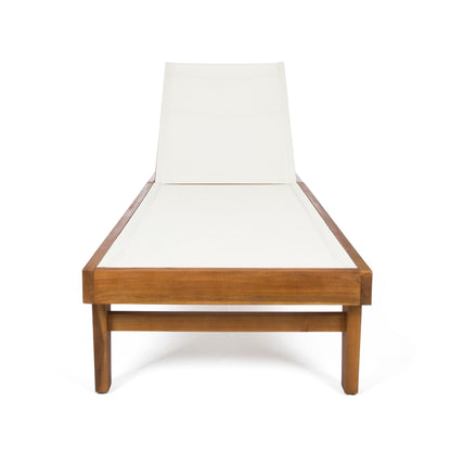 A front view of the Outdoor Chaise Lounge With Acacia Wood Frame in white and teak, featuring a modern wooden frame and white mesh seating against a plain white background.