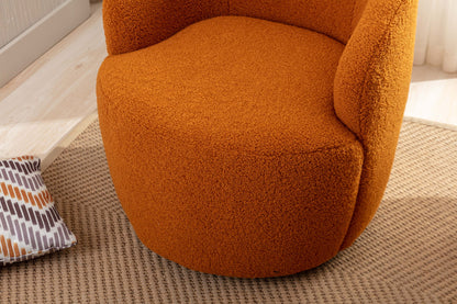 A Teddy Fabric Swivel Accent Armchair Barrel Chair with a powder coating metal ring sits on a textured beige rug beside a patterned cushion on a light wood floor in a cozy, sunlit room.