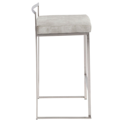 The Fuji Elegant Design Contemporary Stackable Counter Stool features a square, light grey cushioned seat and a sleek silver metal frame with a low partial backrest, all in a modern minimalist design.