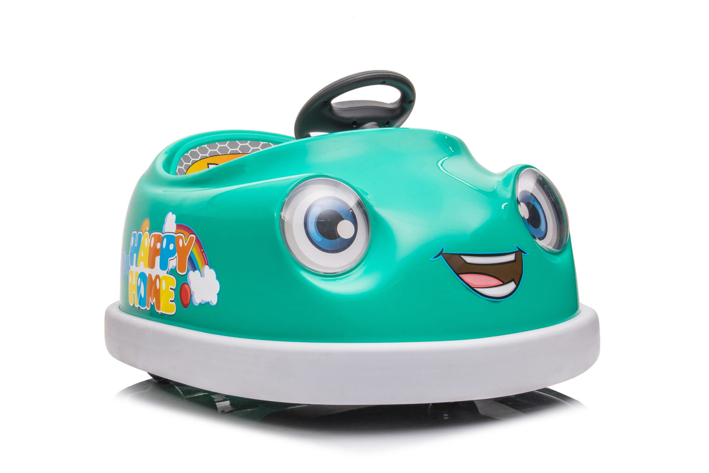 A turquoise 12V bumper car for kids (1-6 yrs), featuring cartoon eyes, a smiling mouth, “Happy Home” with a rainbow and clouds, steering wheel, pushrod, dinner plate, USB/Bluetooth music, rocking horse mode. Isolated on white.