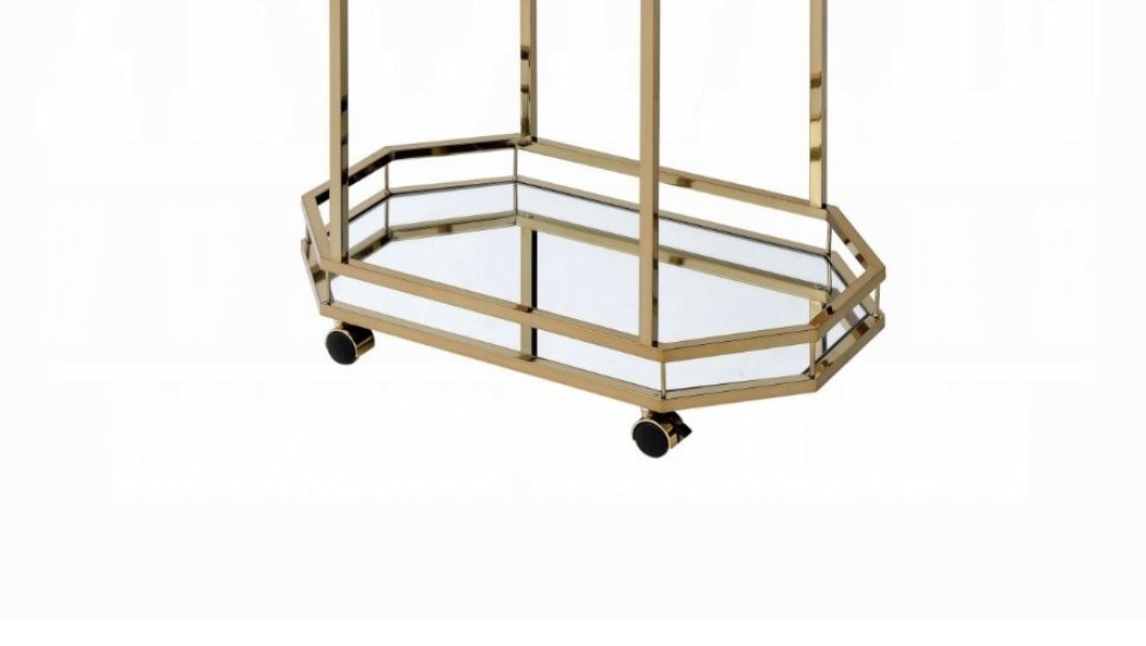 The Lacole - Mirrior Serving Cart - Champagne features a geometric frame, mirrored bottom shelf, and four black wheels in an elegant gold finish.