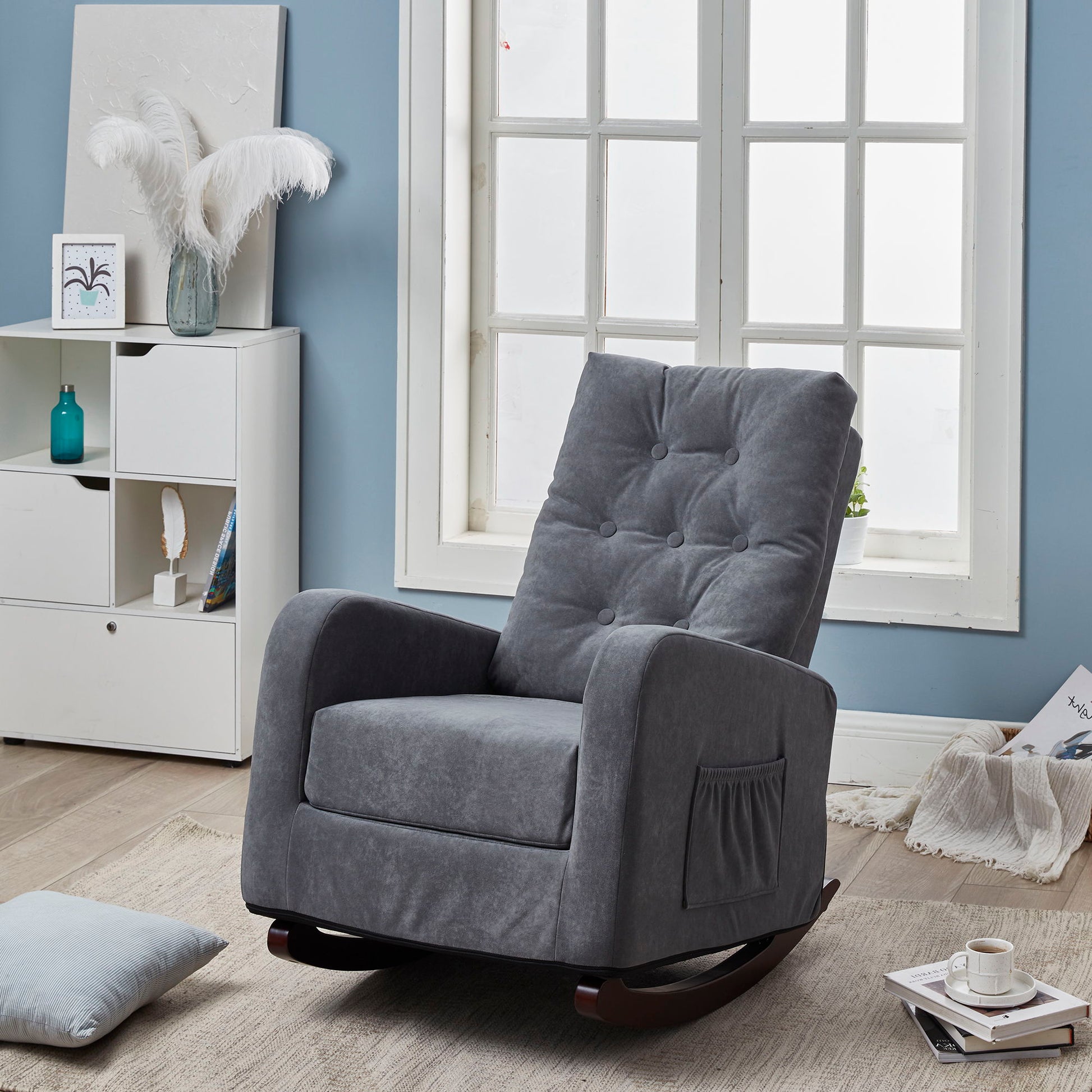 A modern living room features a gray Single Sofa Reclining Japanese Chair Lazy Sofa Tatami Balcony Adjustable Chair on wooden floors near a window. Nearby are a white cabinet with decor, a gray pillow, and books on the floor.