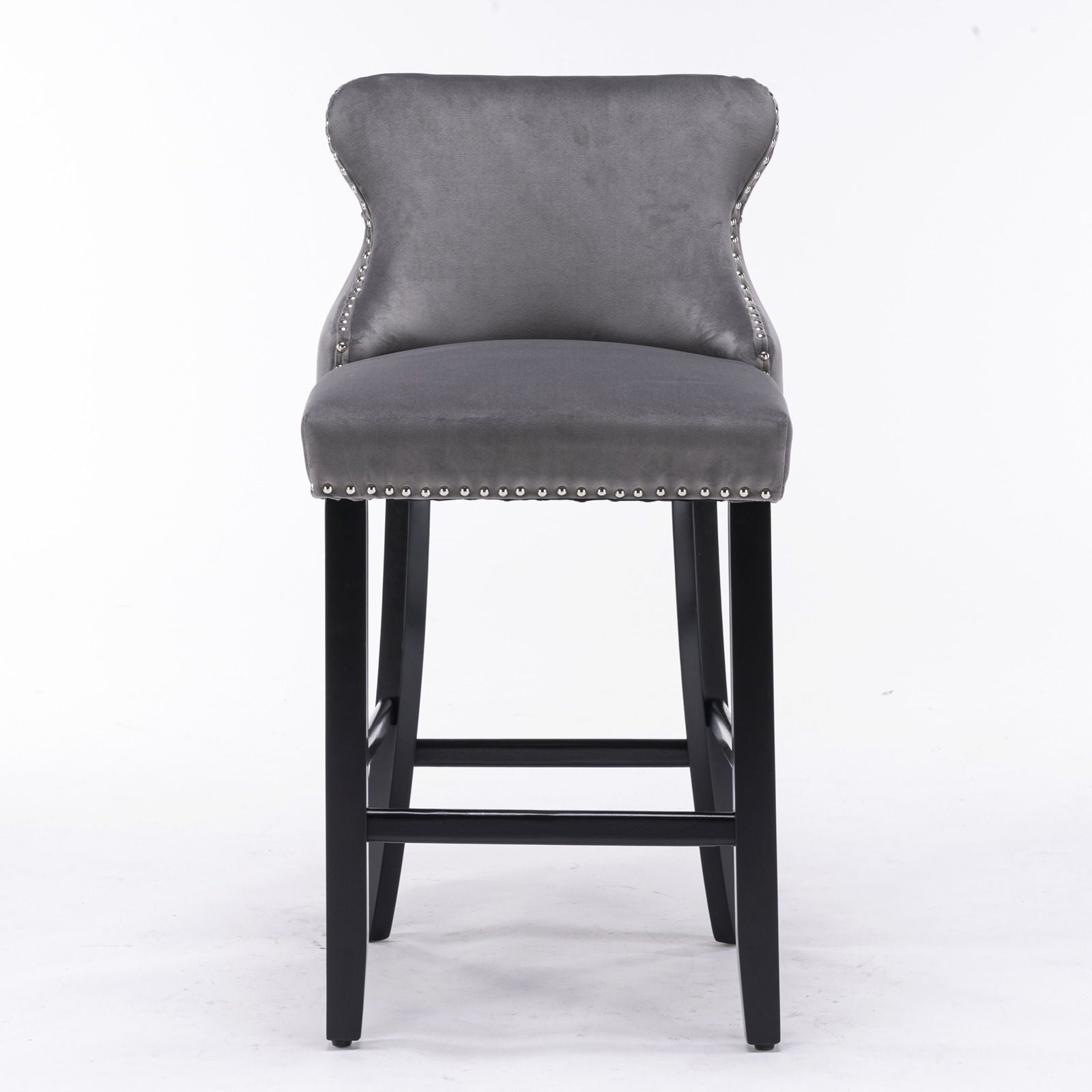 Contemporary velvet upholstered wing-back barstools with button tufted decoration, chrome nailhead trim, and wooden legs, shown in a set of 2 against a plain white background.