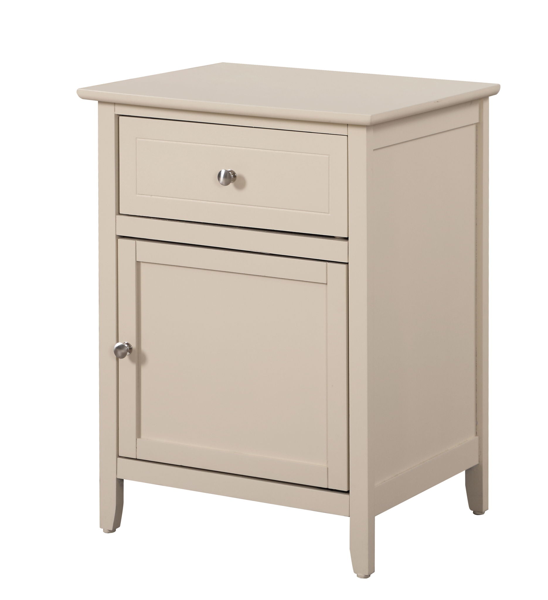The Izzy nightstand features a beige wood finish with one upper drawer and a lower cabinet door, both adorned with small round metal knobs. Its simple, modern design makes it a versatile addition to any bedroom.