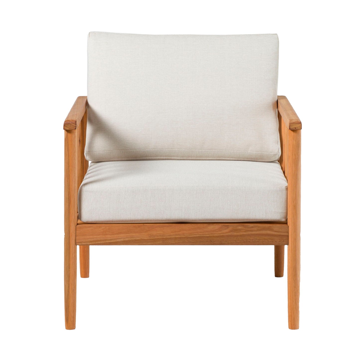 The Contemporary Cushioned Eucalyptus Wood Patio Accent Chair features a light wood frame with white cushioned seat and backrest, shown from the front against a plain white background.