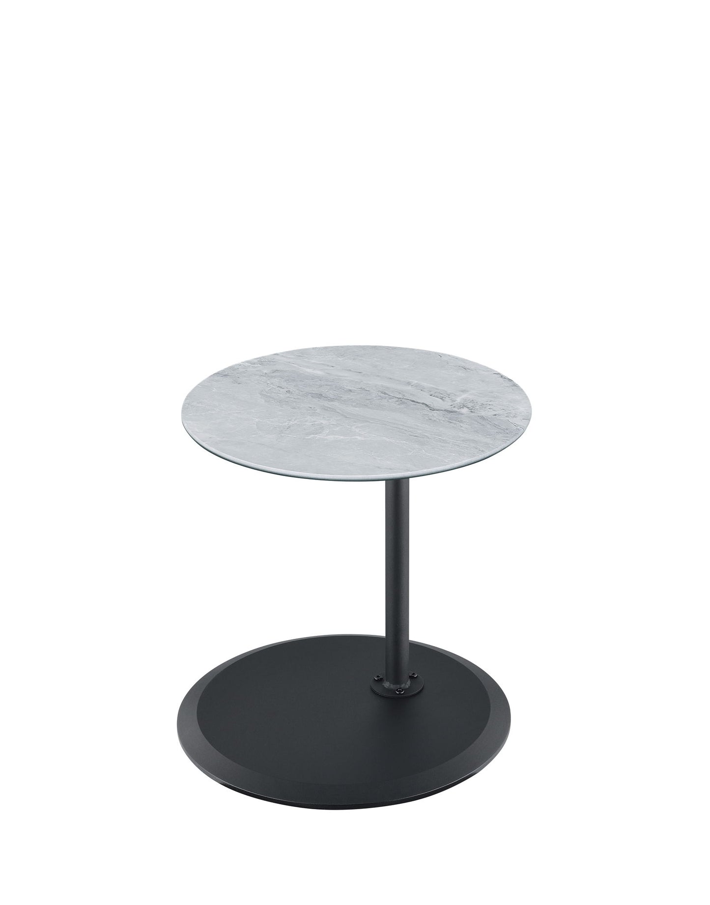 The Orbit 15.5" End Table features a height-adjustable marble-textured top, supported by a single black metal leg with a circular black base for a sleek, modern look.