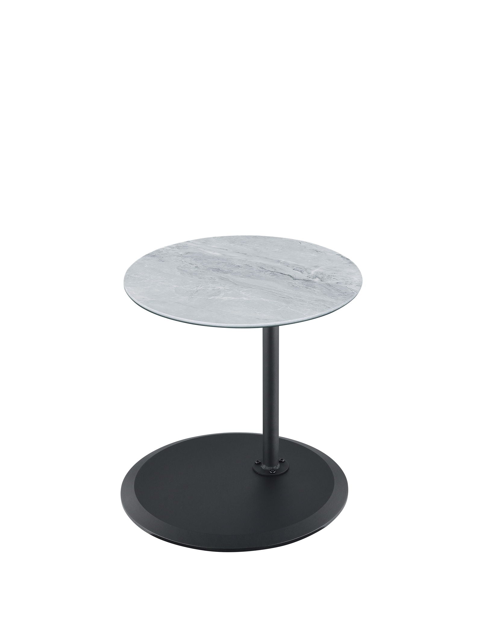 The Orbit 15.5" End Table features a height-adjustable marble-textured top, supported by a single black metal leg with a circular black base for a sleek, modern look.