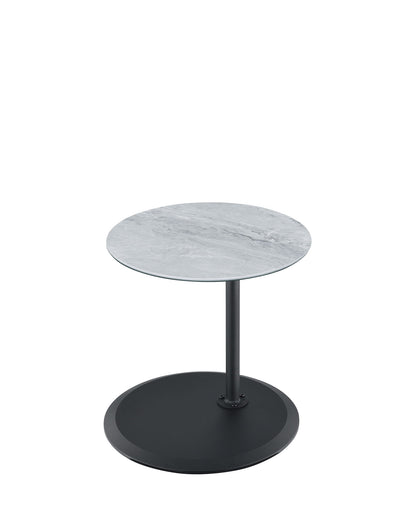 The Orbit 15.5" End Table features a height-adjustable marble-textured top, supported by a single black metal leg with a circular black base for a sleek, modern look.
