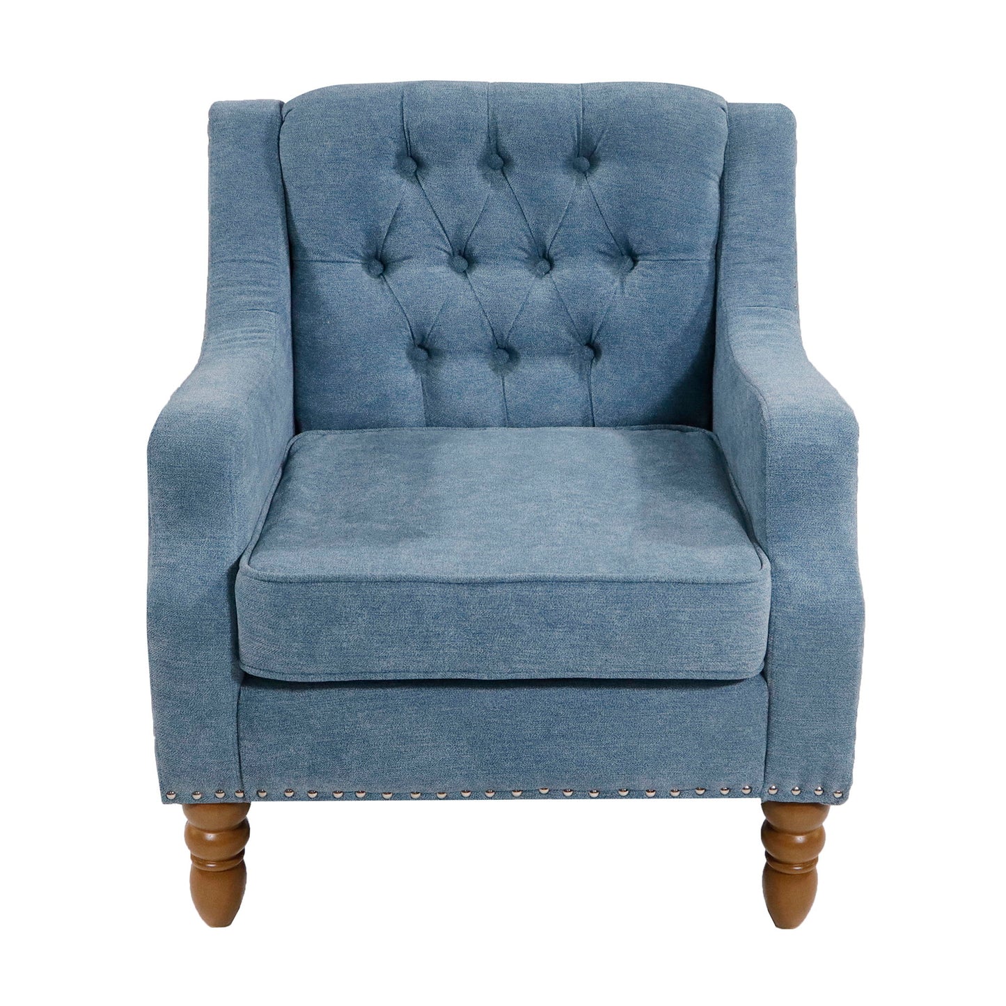 The Accent Chair set features a button-tufted upholstered armchair with straight armrests, vintage brass studs along the bottom, a plush seat cushion, and turned wooden legs—perfect for living rooms, bedrooms, or reception areas.