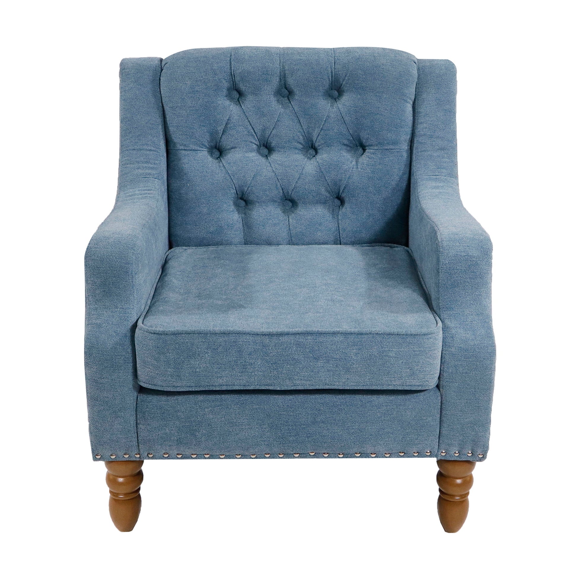 The Accent Chair set features a button-tufted upholstered armchair with straight armrests, vintage brass studs along the bottom, a plush seat cushion, and turned wooden legs—perfect for living rooms, bedrooms, or reception areas.