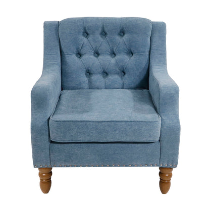 The Accent Chair set features a button-tufted upholstered armchair with straight armrests, vintage brass studs along the bottom, a plush seat cushion, and turned wooden legs—perfect for living rooms, bedrooms, or reception areas.