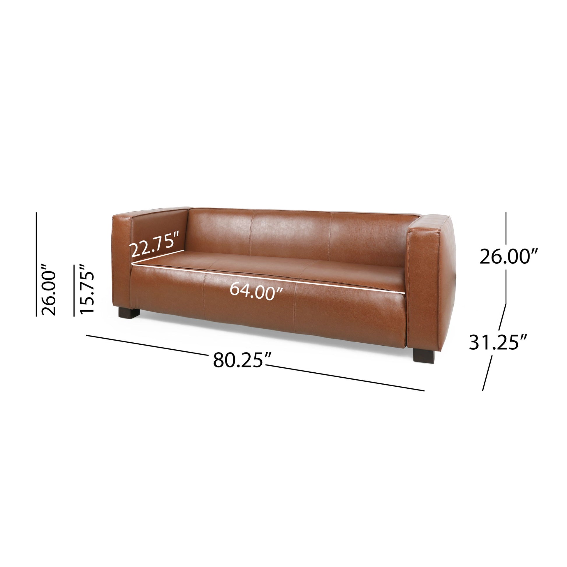Contemporary 3 Seater Sofa With Tuxedo Design, shown at an angle. Brown leather, boxy arms, black legs. Dimensions: 80.25"W x 31.25"D x 26"H; seat: 64"W x 22.75"D x 15.75"H.