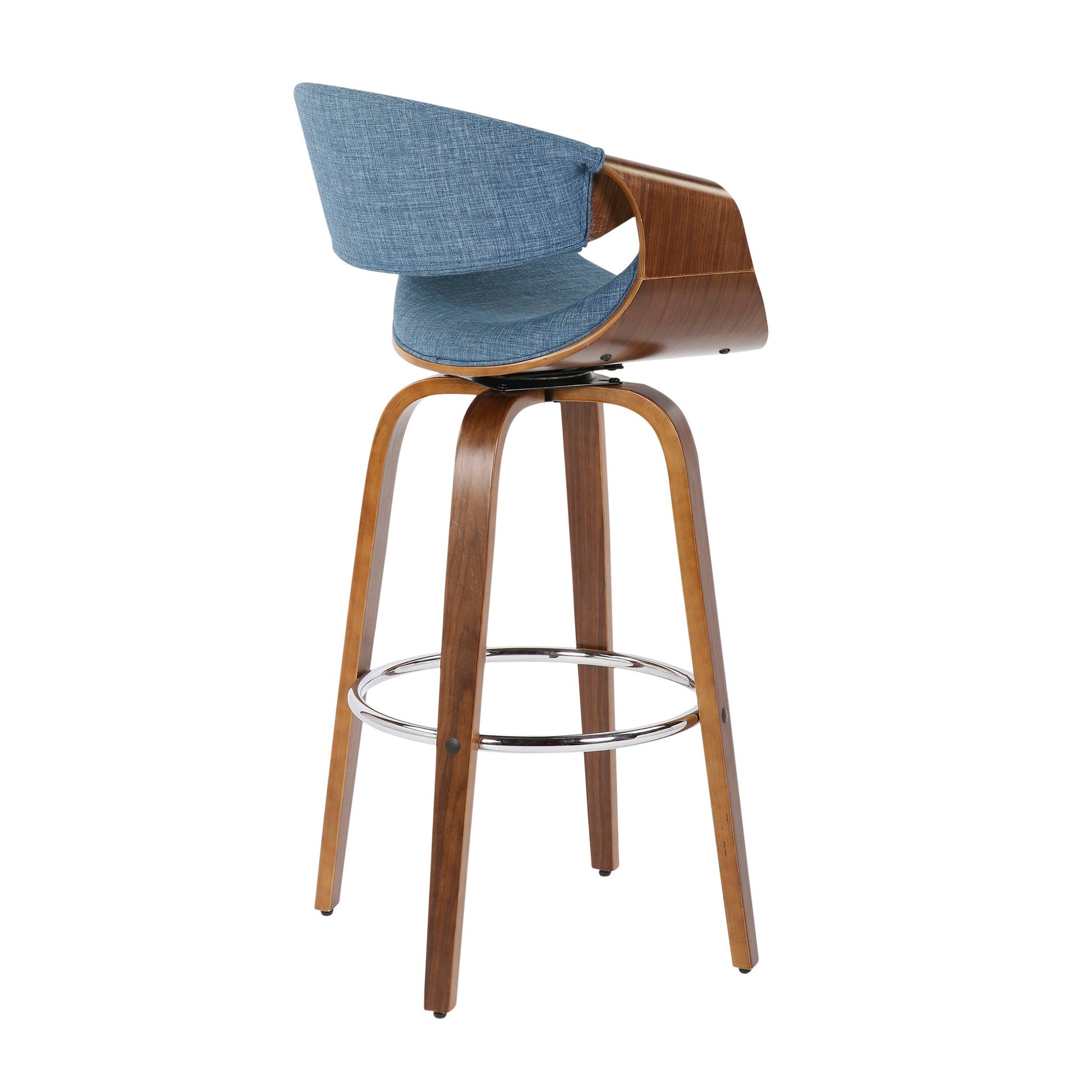 The Curvini Mid-Century Modern Fixed Height Barstool with Swivel (Set of 2) features wooden legs, a curved wooden backrest, blue upholstered seat and backrest cushions, plus a metal footrest ring.