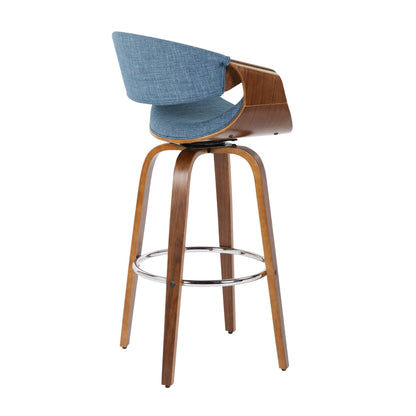 The Curvini Mid-Century Modern Fixed Height Barstool with Swivel (Set of 2) features wooden legs, a curved wooden backrest, blue upholstered seat and backrest cushions, plus a metal footrest ring.