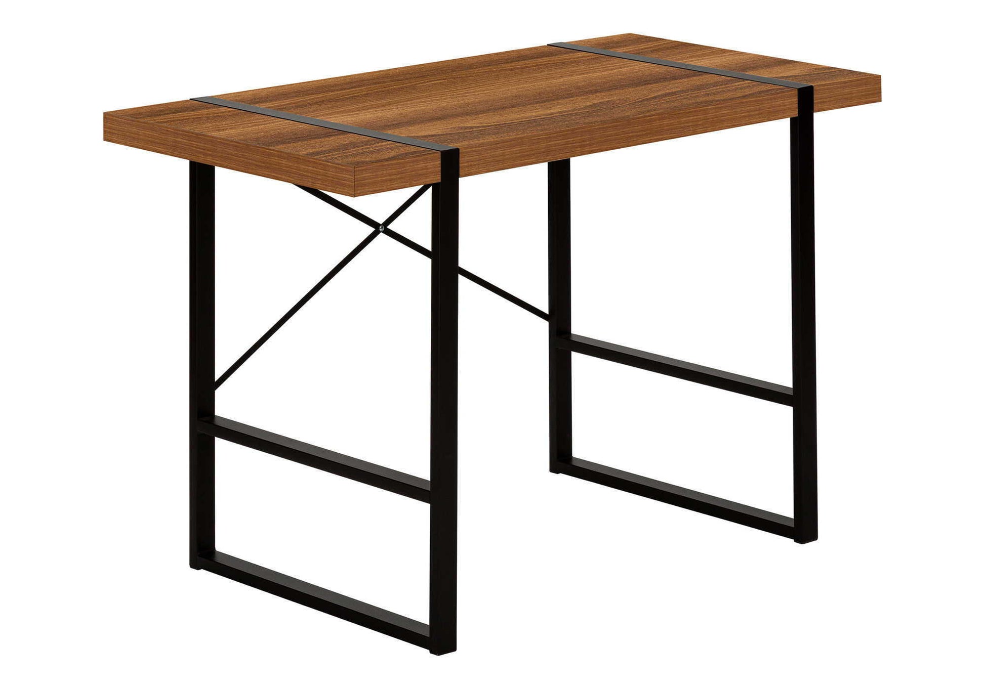 The Computer Desk For Home Office features a small rectangular wooden top and an industrial black metal frame with an X-shaped support bar on one side. Ideal for laptops and modern workspaces.