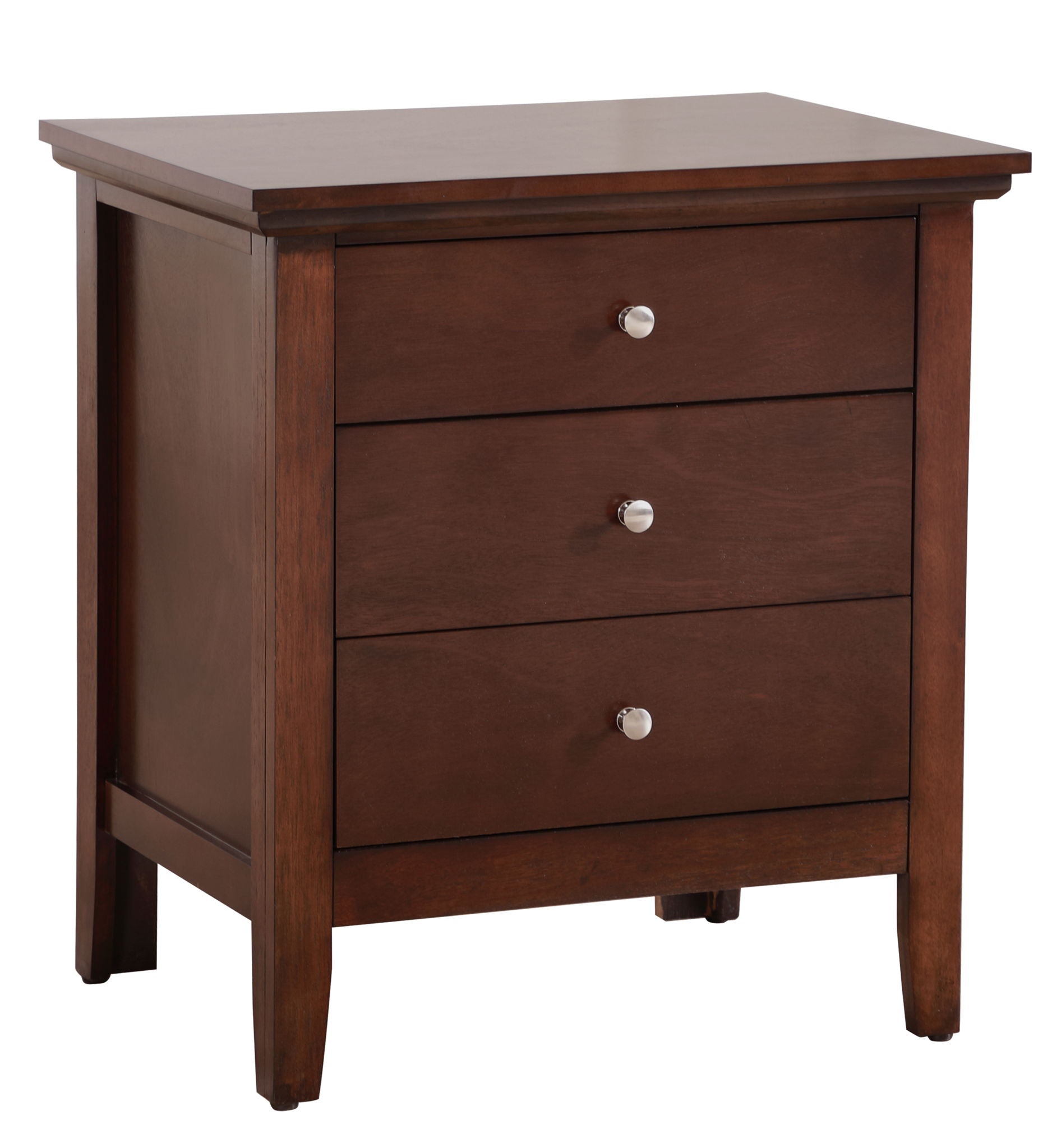 The Hammond 3 Drawer Nightstand features a dark brown wooden finish, three drawers with round silver knobs, and stands on four straight legs.
