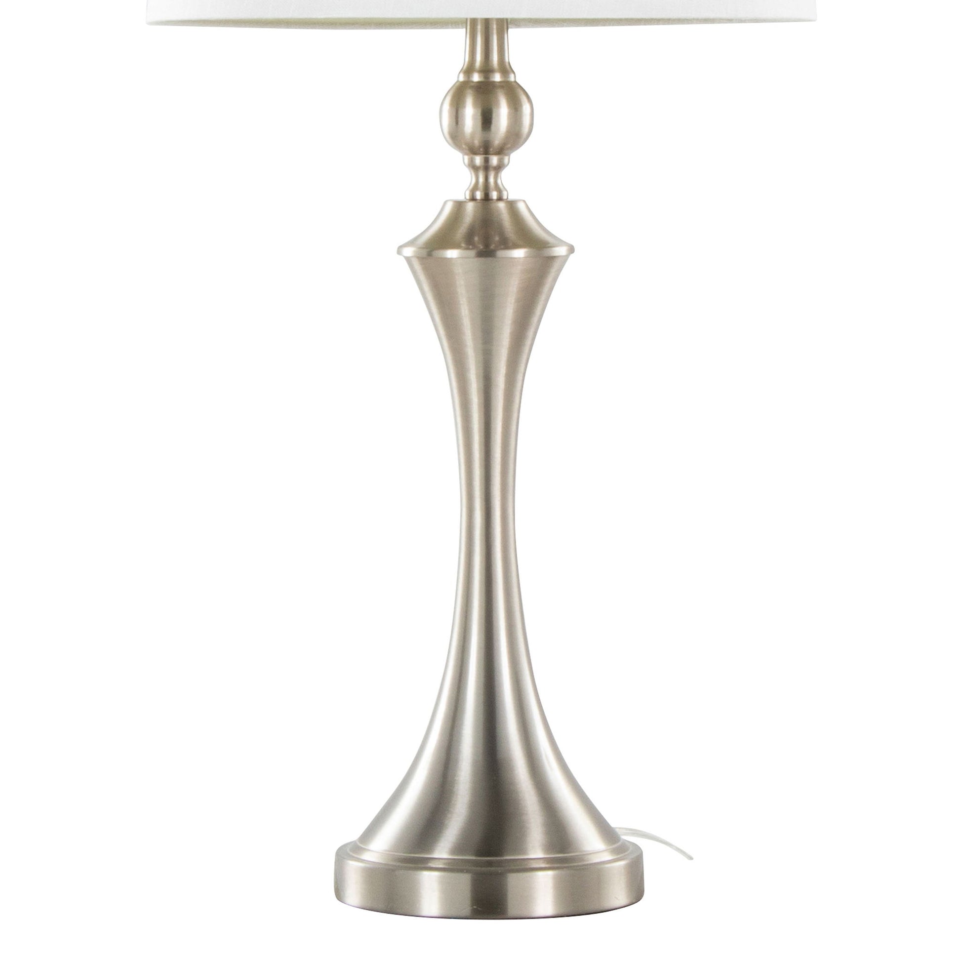 The Flint Contemporary Table Lamp (Set of 2) features a brushed nickel, hourglass-shaped base, a round white shade, and a built-in USB port. A power cord is visible at the bottom.