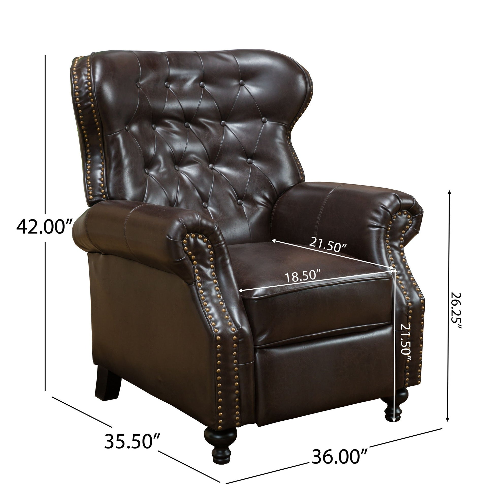 The Contemporary Style Push Back Recliner features button tufted stitching, nailhead trim, wooden legs, and dark brown leather. Dimensions: 42" tall, 36" wide, 35.5" deep; seat: 21.5" wide x 21.5" deep x 26.25" high.