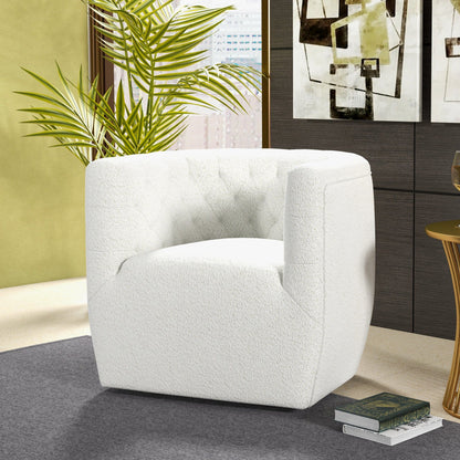 The Delaney Ergonomic Design Swivel Chair, featuring modern white upholstery and a tufted backrest, is styled on a gray rug in a chic living room beside a potted plant, stacked books, and abstract wall art.