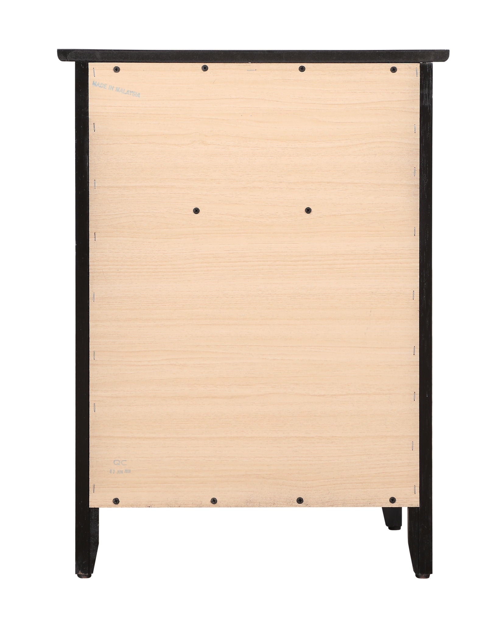Izzy - 1 Drawer / 1 Door Nightstand features a light wood rectangular panel with black frame and legs. Six screws are visible, and "MADE IN MALAYSIA" plus other small markings appear on the left side.