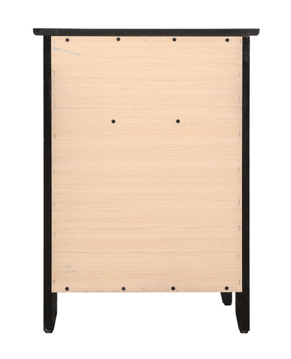 Izzy - 1 Drawer / 1 Door Nightstand features a light wood rectangular panel with black frame and legs. Six screws are visible, and "MADE IN MALAYSIA" plus other small markings appear on the left side.