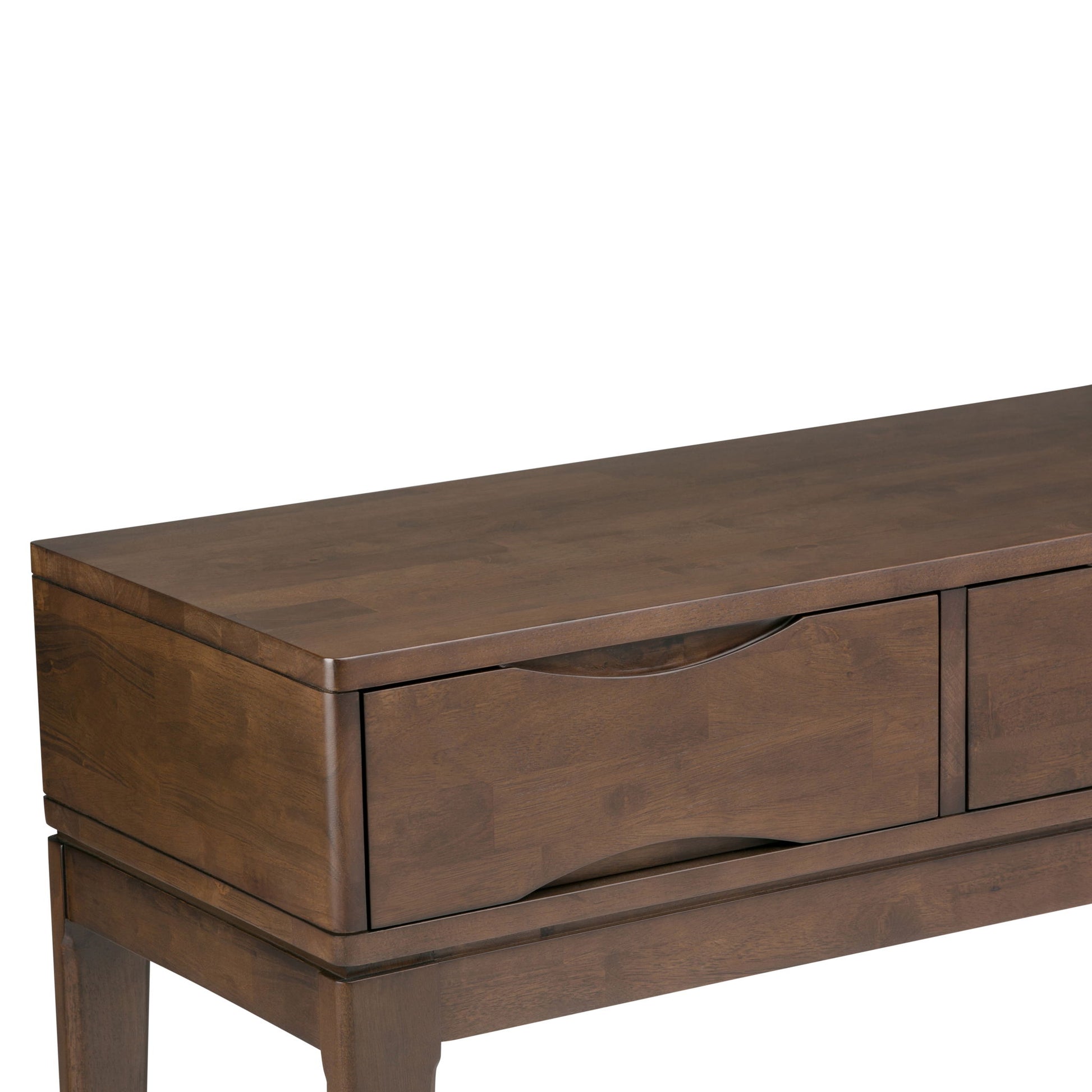 A close-up of the Harper - Handcrafted Console Sofa Table with a smooth brown finish and a single wide drawer featuring a curved handle.