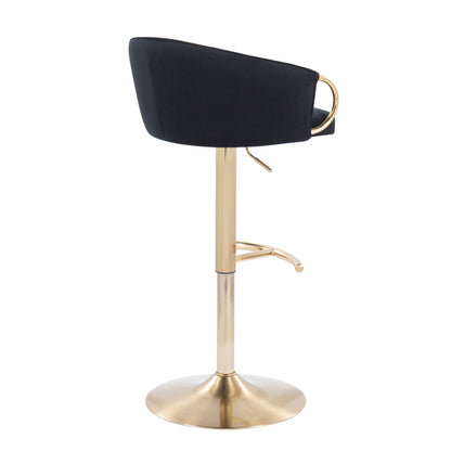 The Claire Contemporary/Glam Adjustable Bar Stool (Set of 2) features a black upholstered seat, curved backrest, and gold metal base with footrest and handle, shown from a side angle.