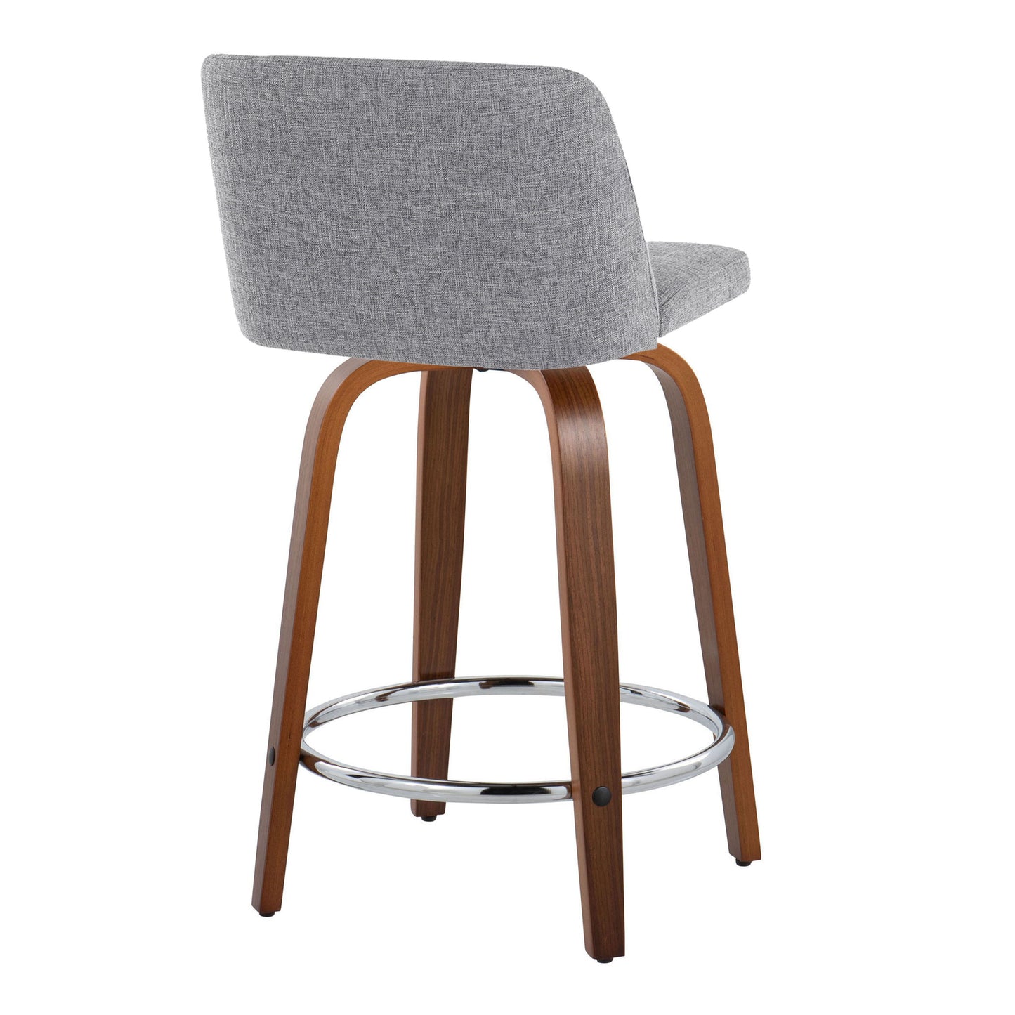 The Toriano Mid Century Modern Counter Stool set offers a gray upholstered seat and backrest with a walnut-finished wooden frame, curved legs, chrome round footrest, and swivel feature, elegantly displayed at an angle from the back.