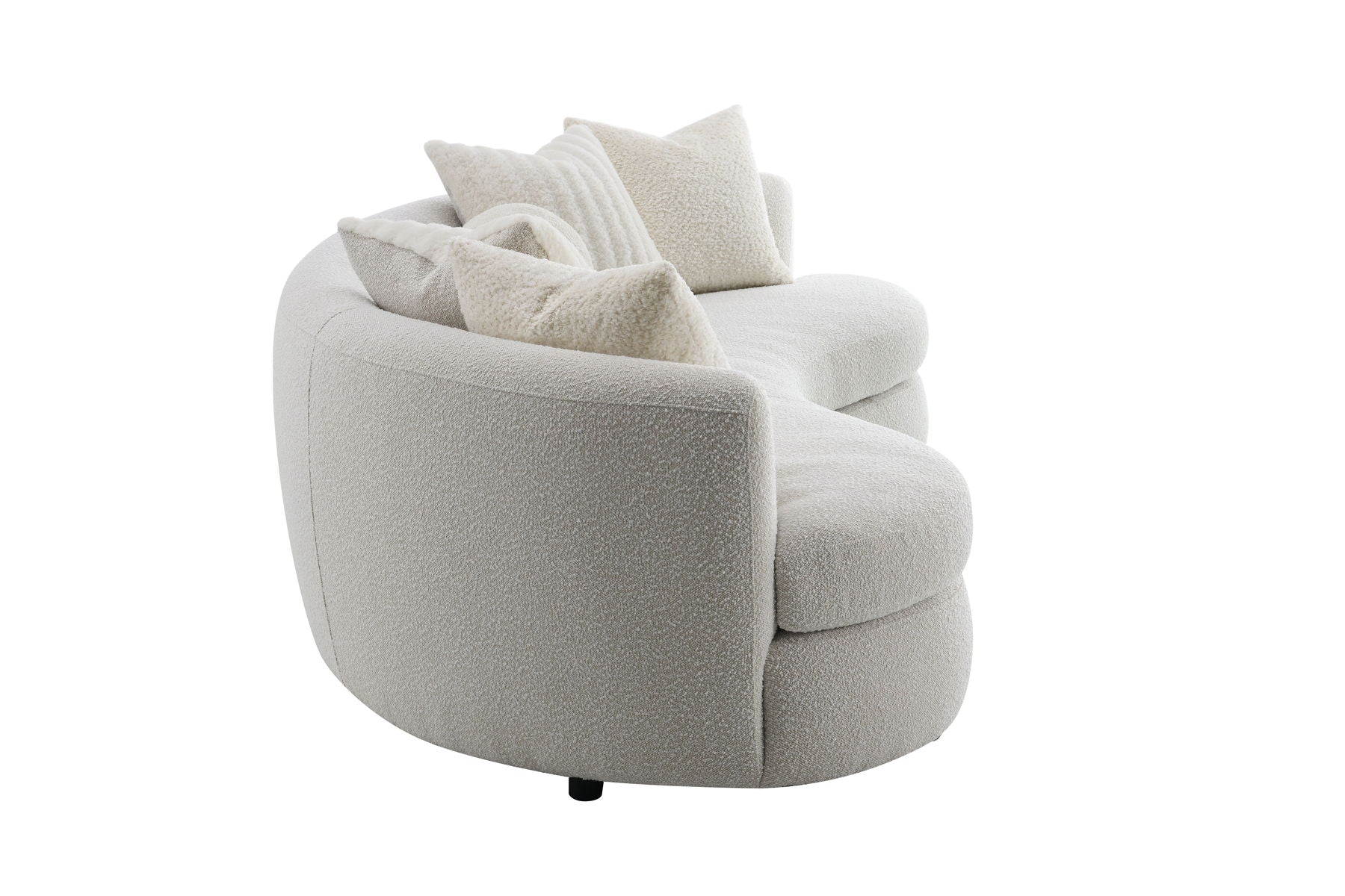The Couch.com Iniko Boucle Sofa With Toss Pillows features a durable beige fabric design, plush upholstery, and four matching textured pillows, shown at an angle against a white background.