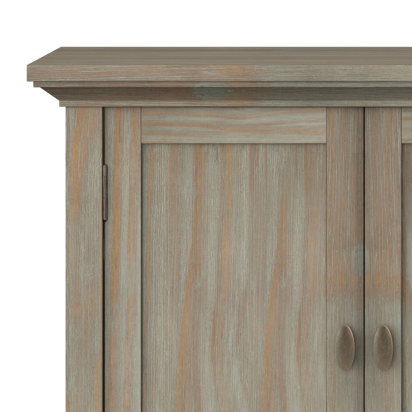 Close-up of the top left corner of the Redmond Handcrafted Low Storage Cabinet, showing its distressed gray finish, two doors with vertical handles, and visible wood grain texture.