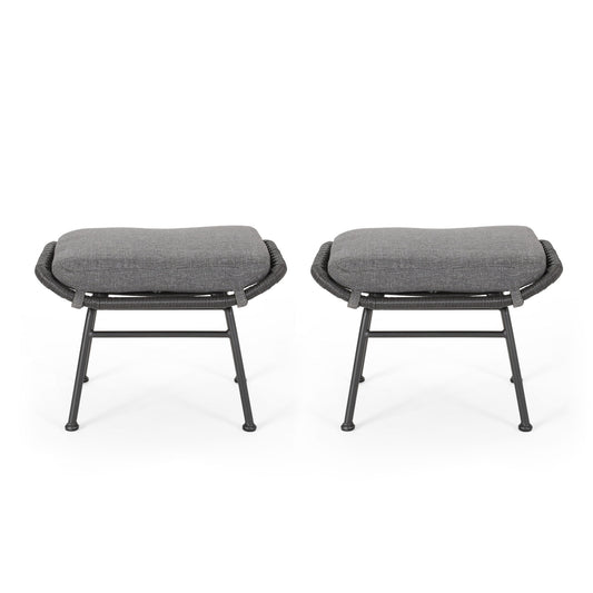 A set of two Outdoor Modern Boho Wicker Ottomans with gray cushions and black metal legs, featuring woven black wicker sides, are shown side by side on a white background.