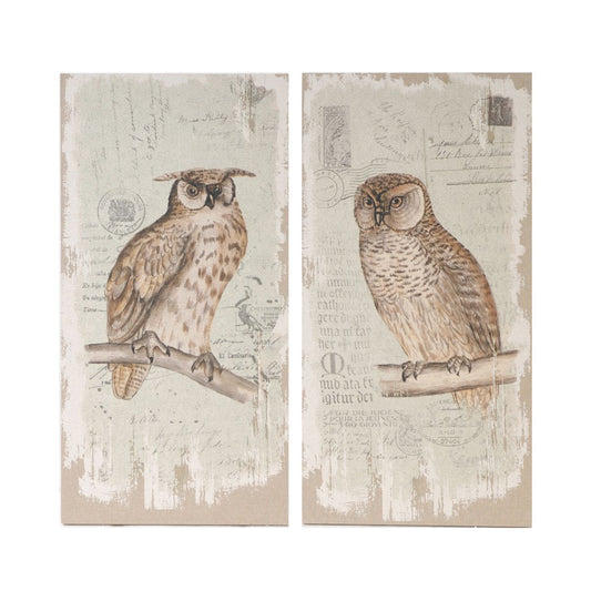 The Lilith Owl Prints With Distressed Look, Rectangle Animal Hanging Wall Art (Set of 2) features vintage-style owls on branches with faded script and postmarks in soft neutral tones, each on a separate multicolor canvas.